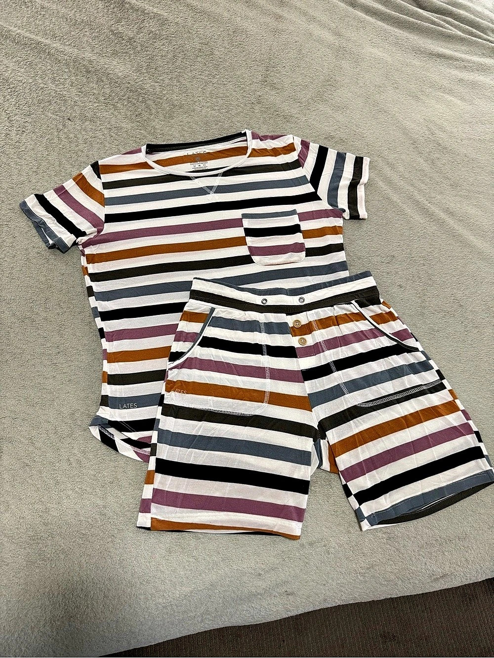 LATES by Kate Striped Matching Pajama Set in White & Multicolor. Great used cond